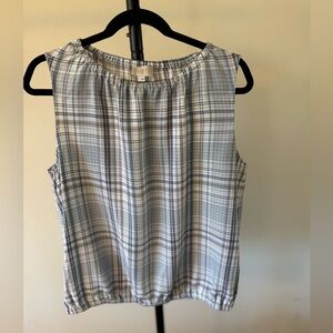 LOFT Women's White and Blue Plaid Sleeveless Blouse